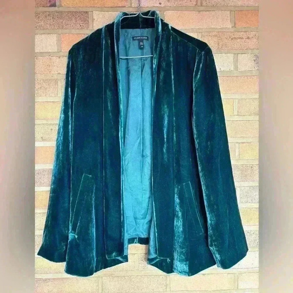 Eileen Fisher angled front long sleeve open front rayon silk blend velvet jacket - Picture 2 of 10